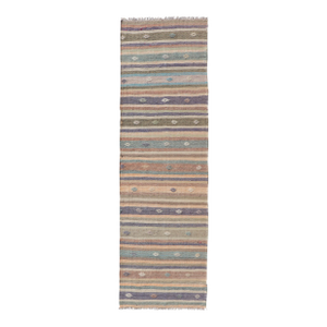 Vintage Flat Weave Turkish Kilim Runner With Stripe and Modern Motif Design
