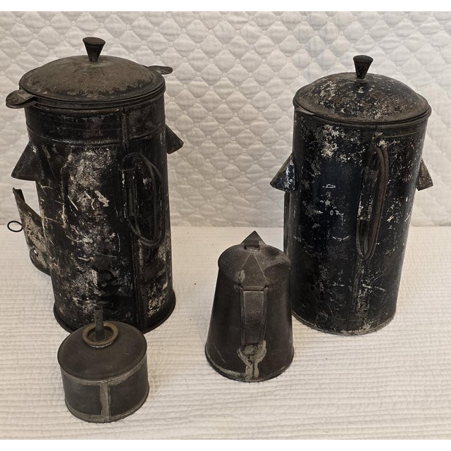 American Pair of Antique American Toleware Tea Warmers With Spirit Burner and Tin Pitcher For Sale - Image 3 of 4