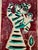 Small vintage folk art painting on textured paper depicting a stylized mother carrying a child, rendered in burgundy,...