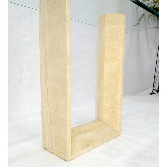 Travertine Sculptural Low Profile U Shape Base Glass Top Console Table MINT For Sale - Image 12 of 14
