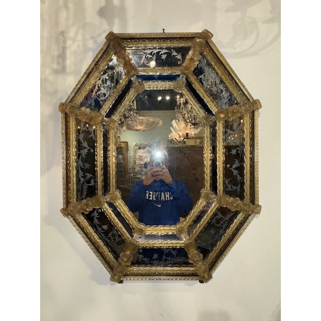 Glass Vintage Etched Murano Glass Venetian Style Octagonal Mirror For Sale - Image 7 of 8