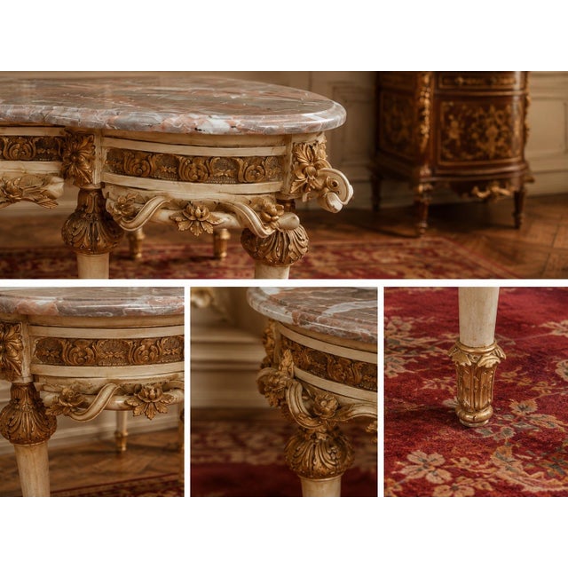 1980 French Artisan Louis XVI White Beech Marble Coffee Table For Sale - Image 4 of 12