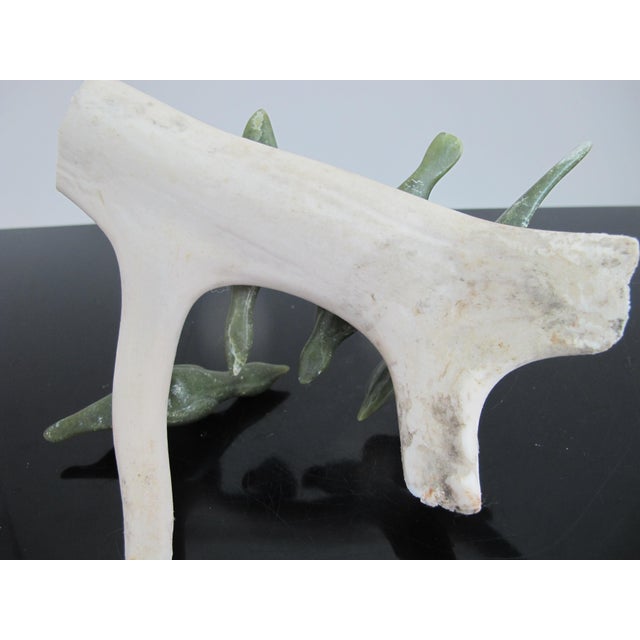 Stone Canadian Native Inuit Carved Green Stone Birds on Antler by Tr McPhee For Sale - Image 7 of 7