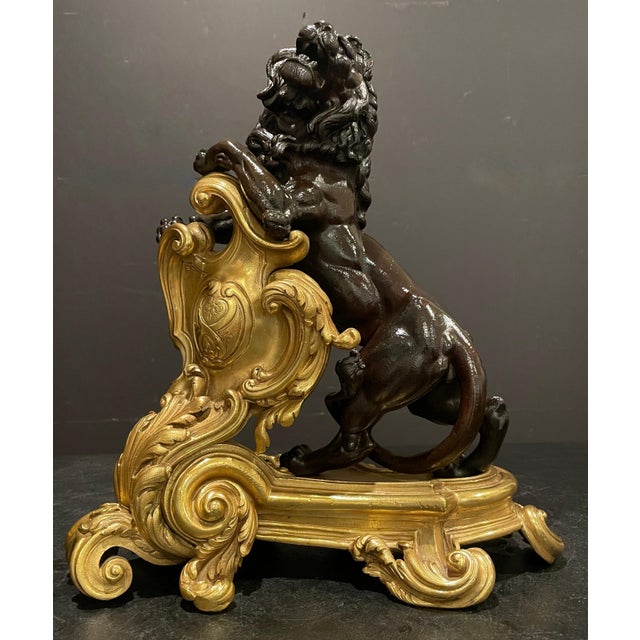 Rococo Late 19th Century Fine Pair Of Figural Patinated and Gilt Lion Chenets For Sale - Image 3 of 7