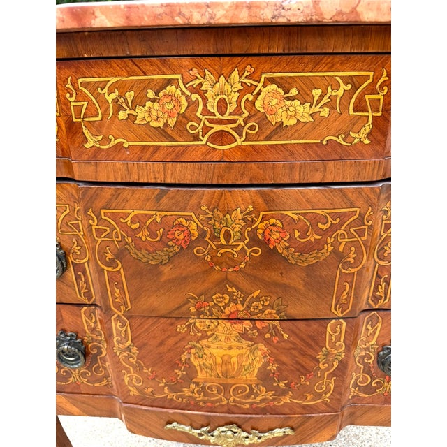 Vintage Louis XV Style Floral Marquetry Bombe Commode With Marble Top For Sale - Image 12 of 18