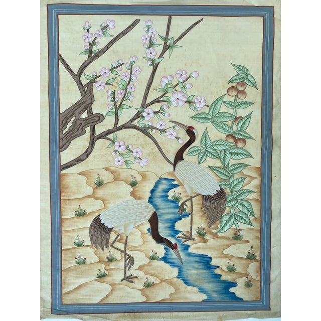 1990s Blossoms and Cranes in Harmony Gouache Painting on Old Silk"32x44 Inches " For Sale - Image 10 of 10