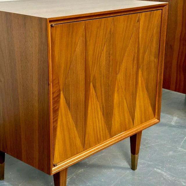 Pair of Danish Mid-Century Modern Style Geometric Nightstands, Walnut, Brass For Sale - Image 12 of 13