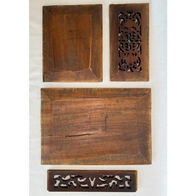 Asian Teak Wood Carved Relief Red & Gold Plaques, Set of 4 For Sale - Image 9 of 10