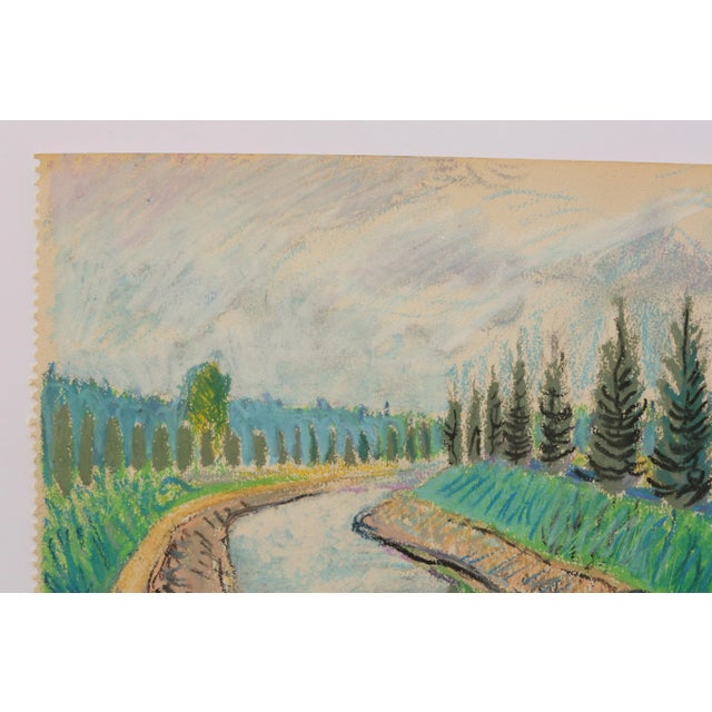 1950s 1950s Mid-Century Swedish Folk Art Original Oil Pastel Painting, Canal With a Rowboat and Greenery For Sale - Image 5 of 18