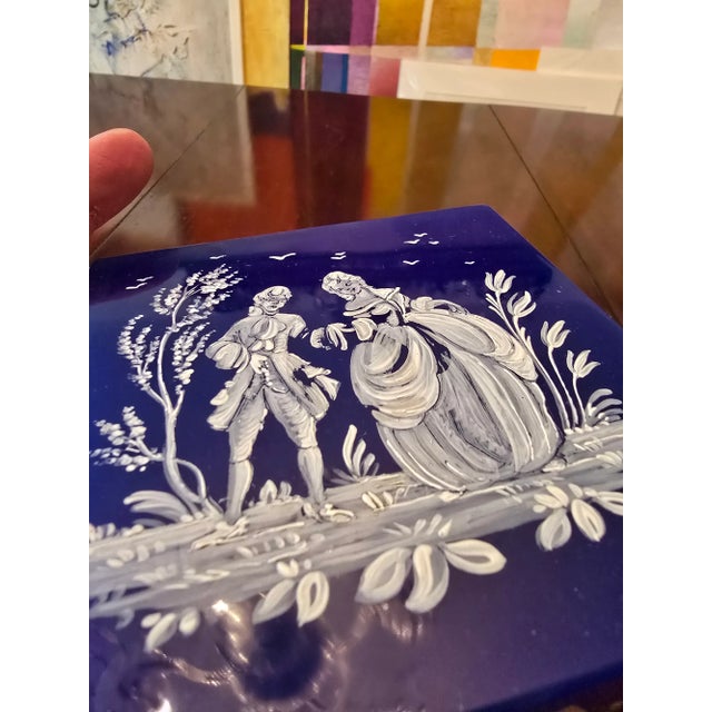 1910s Antique Blue Opaline Jewel Box With Enamel Love Scene For Sale - Image 4 of 11