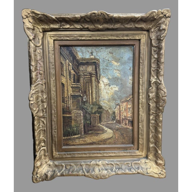 Gold Antique Impressionistic Italian Scenic Landscape Street Scene Oil Painting on Board Circa 1900, Framed For Sale - Image 8 of 11
