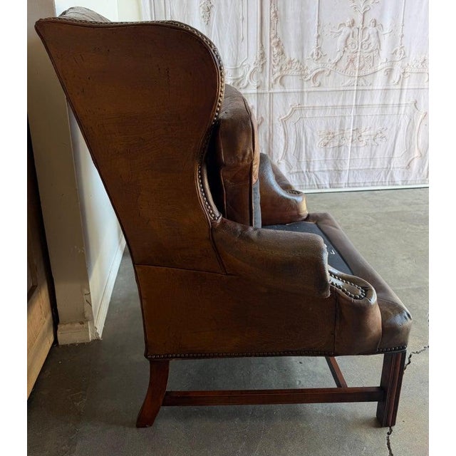 Pair of English Georgian Style Wingback Armchairs - Distressed Brown Leather For Sale - Image 4 of 17