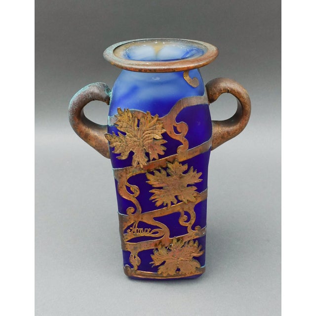 Mid-Century Modern Mid 20th Century Anca Podaru Ama Romanian Copper Overlay Handled Art Glass Nouveau Vase For Sale - Image 3 of 10