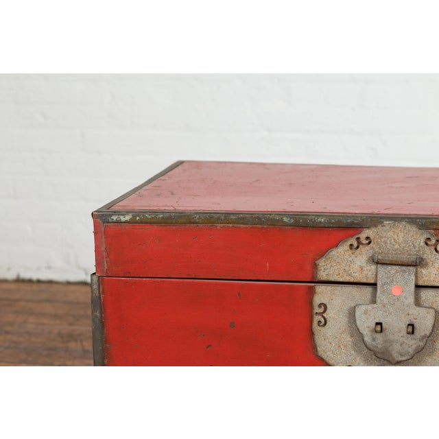 Wood Chinese Qing Dynasty Period 19th Century Red Lacquer Trunk with Metal Edging For Sale - Image 7 of 13