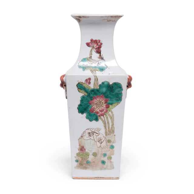 Pair of Chinese Squared Fantail Vases With Egrets Beneath Lotus For Sale - Image 4 of 11