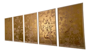 Chinoiserie Monochrome Floral Hand Painted Wallpaper Artwork Panels on Gold Metallic - 34" W X 63" H Each Panel - 5 Panels