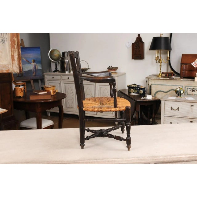 French Rustic Dark Oak 19th Century Child's Chair with Ladder Back and Rush Seat For Sale - Image 10 of 12