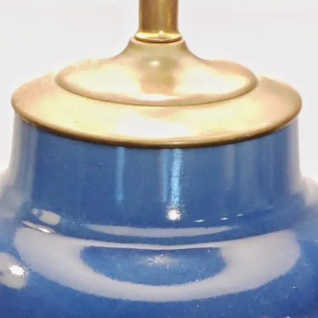 Wood 1960s Blue Ceramic Ginger Jar Lamp With Shade For Sale - Image 7 of 9