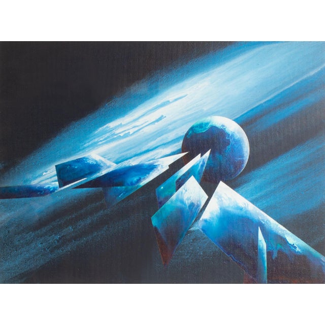 An acrylic painting by the American artist James Cunningham (1948-1991). The painting depicts a space-like scene with...