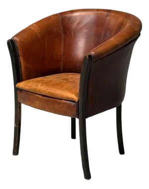 Georgian Style, Distressed Brown Leather, Stained Wood, Tub Chair, Usa, 1960s