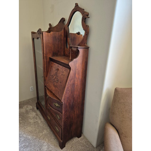 Art Nouveau Antique Oak Side-by-Side Secretary Desk and Bookcase For Sale - Image 3 of 14