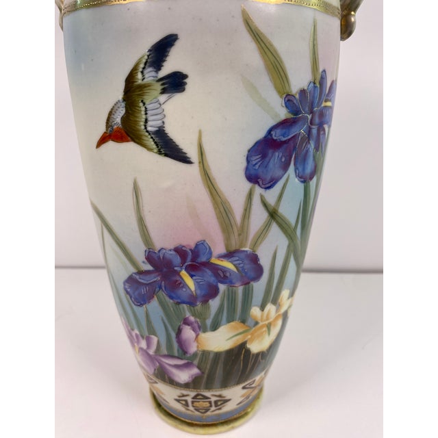 Antique Japanese Hand-Painted Porcelain Vase With Birds & Iris Flowers, Jeweled Gilt Decoration For Sale - Image 14 of 14