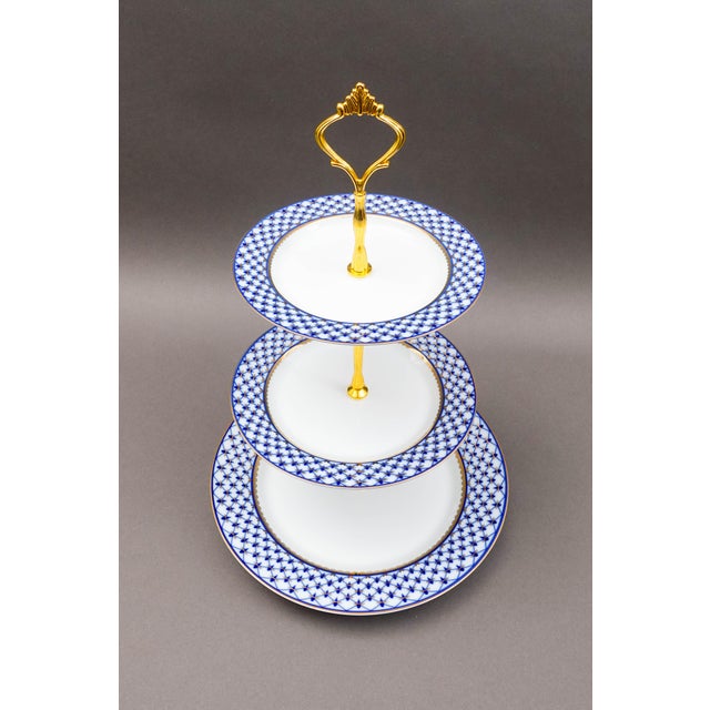 Late 20th Century Late 20th Century Lomonosov Blue Gold Net Imperial Porcelain 3-Tier Dessert Cake Stand For Sale - Image 5 of 6