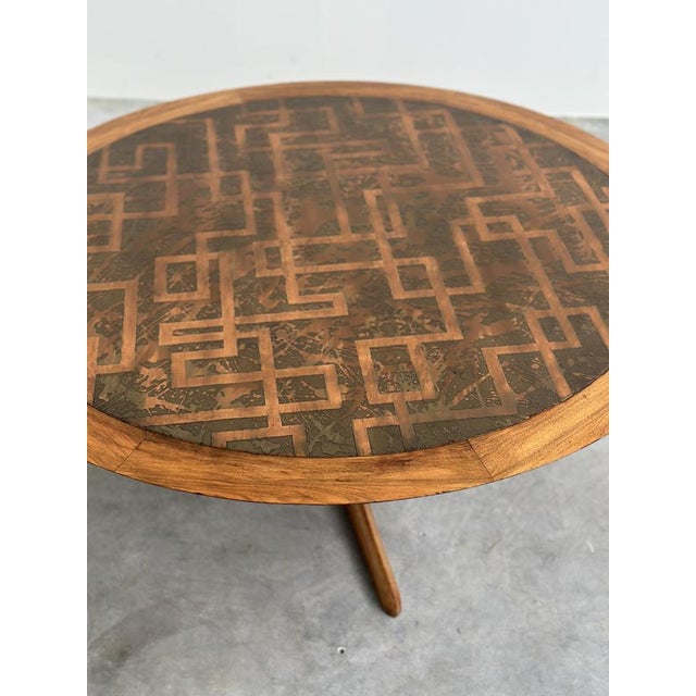 Late 20th Century Vintage Wood Coffee Table with Etched Brass Top, 1970s For Sale - Image 5 of 14