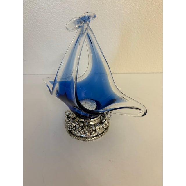 Silver 1960s Murano Style Hand Blown Glass Art Basket With Silver Base For Sale - Image 8 of 8