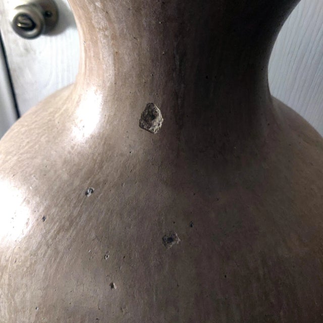 Metal Matte Glazed Monumental Ecru Toned Clay Urn Shaped Table Lamp & Banded Ivory Lamp Shade For Sale - Image 7 of 12