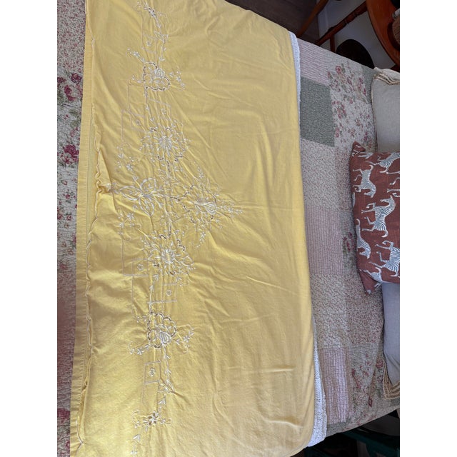 Canary Yellow Vintage, Cheerful, Yellow Embroidered Cotton Large Tablecloth or Coverlet For Sale - Image 8 of 10