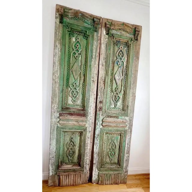 Wood Pair Antique Vintage French European Tall Wood Doors For Sale - Image 7 of 7