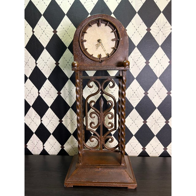 1970s Grand Old World Ironwork Table Clock With Architectural Scrollwork, 25" For Sale - Image 11 of 18