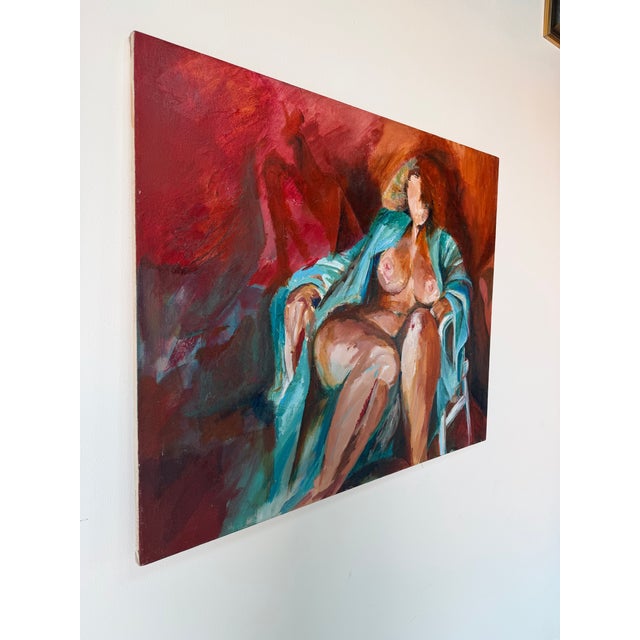 Expressive mixed media oil on canvas painting titled “Seated Nude With Blue Robe” by artist Marcia Davis, dated Spring...