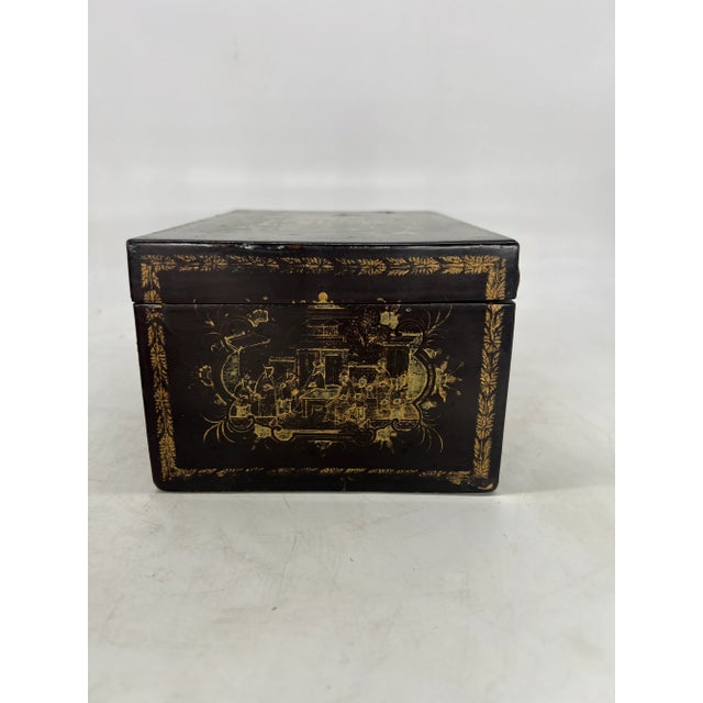 Metal 19th Century Chinese Export Lacquer Decorated Tea Caddy Box For Sale - Image 7 of 10
