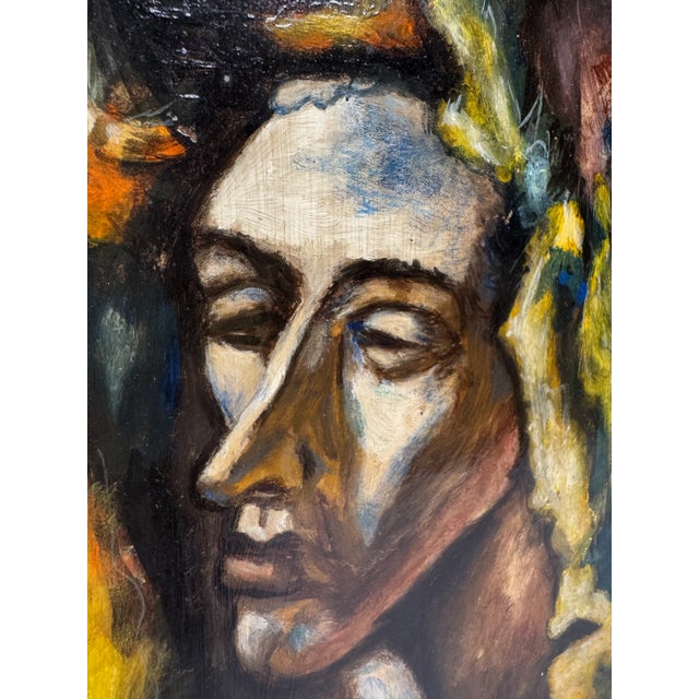 Cerulean Abstract Fauvist Ancient Figurehead Original Oil Painting on Board For Sale - Image 8 of 12