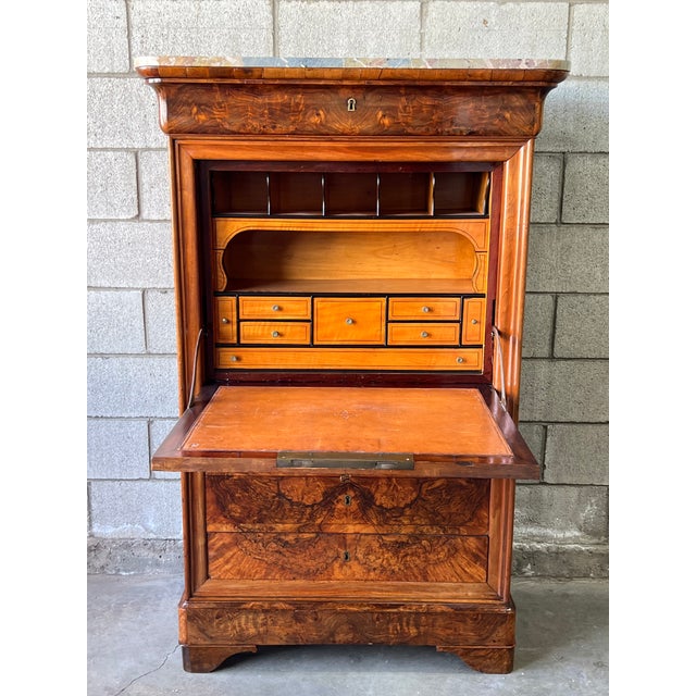 Louis Philippe French Figured Walnut Secrétaire À Abattant With Marble Top For Sale - Image 14 of 15