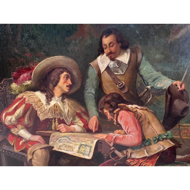 Large Antique European Cavalier Interior Scene Oil Painting in Carved Wood Frame For Sale - Image 4 of 12