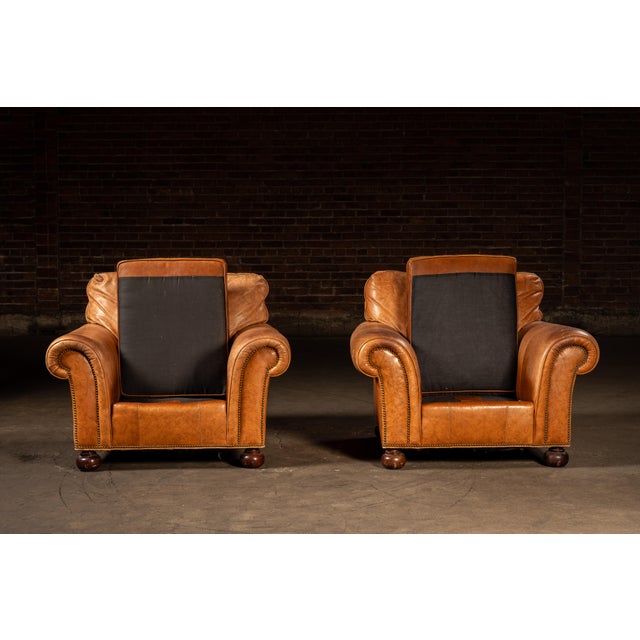 Late 20th Century Pair of Rolled Arm Leather Club-Style Armchairs in Camel For Sale In Chicago - Image 6 of 12