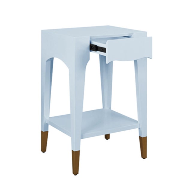 Contemporary Matthew Izzo Home Patti Glossy Light Blue Lacquer One Drawer Side Table With Antique Brass Foot Caps For Sale - Image 3 of 6