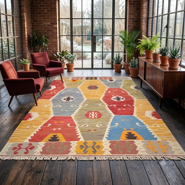 Mid-Century Modern Vintage Handwoven Turkish Rug Oversized Oushak Kilim Rug for Living Room - 9′11″ X 12′2″ For Sale - Image 3 of 14