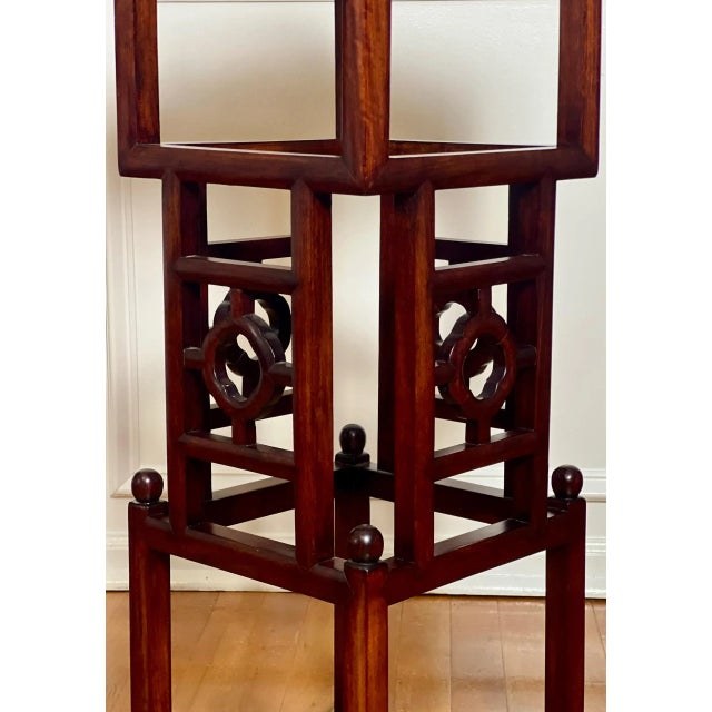 20th Century Chinese Square Carved Rosewood Pedestal Stand With Marble Top For Sale - Image 10 of 12
