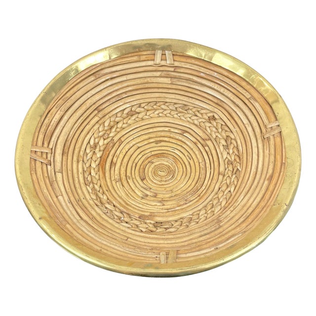 Round Rattan & Brass Plate Centerpiece, Italy, 1970s For Sale