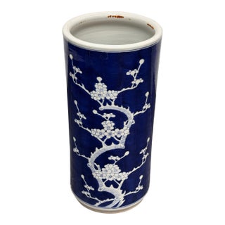 Chinoiserie Style Blue + White Ceramic Umbrella Stand, Vintage For Sale