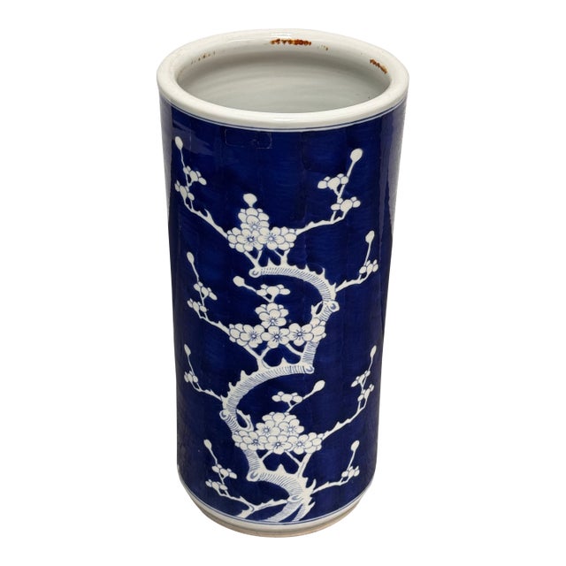 Chinoiserie Style Blue + White Ceramic Umbrella Stand, Vintage For Sale