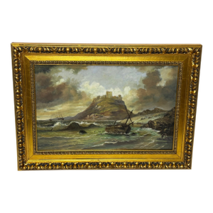 Mid 19th Century Victorian Oil Painting Historic Bamburgh Castle Shipwreck Beached Follower John Wilson Carmichael, Framed