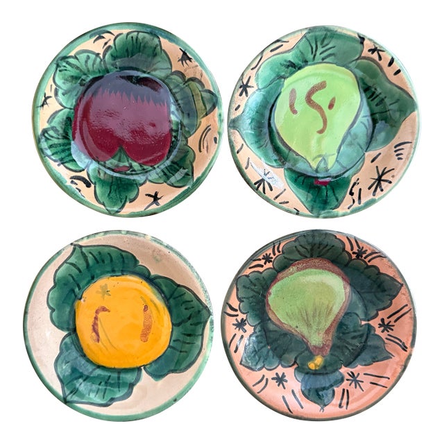 Vintage Mexican Hand Painted Fruit Plates Set of 4 – Signed S. Venegas For Sale