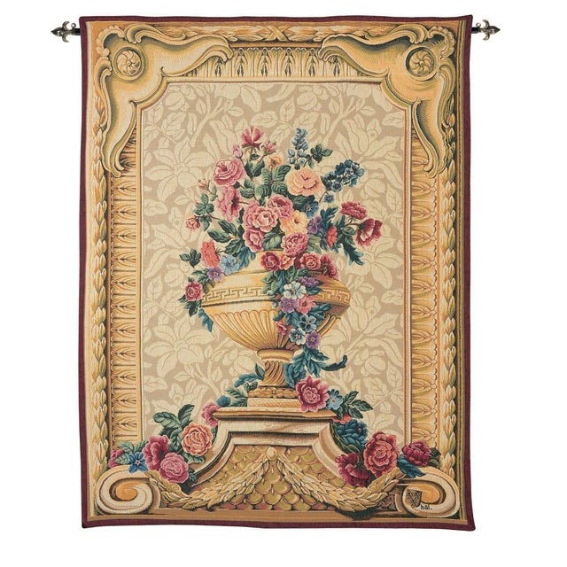 Last Piece Remaining! Decorative tapestry with vase of flowers, framed by a elegant border of stylized design with...