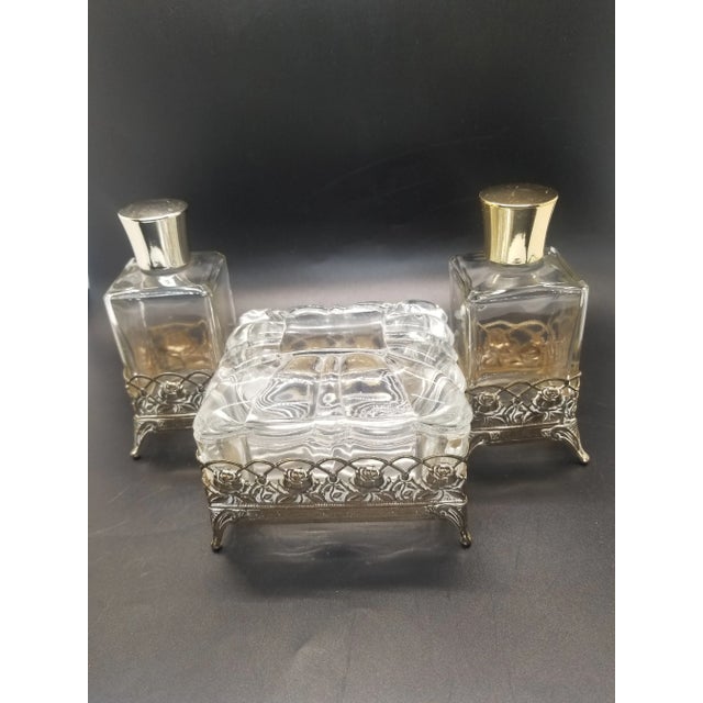 Vintage Glass and Gold Filligree Vanity Set, With Trinket Box and Perfume Bottles, Dressing Table Set For Sale - Image 10 of 10