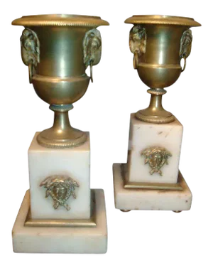 Early 19th Century English Regency Gilt Bronze & White Marble Garniture Urns in the Empire Taste, Ormolu - a Pair